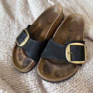 Birkenstock Madrid Big Buckle Black Sandals (5/5.5) with Gold Buckle